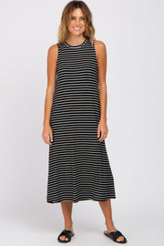 Black Striped Ribbed Midi Dress