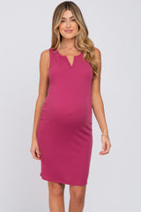 Magenta Ribbed V-Neck Maternity Dress