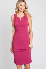 Magenta Ribbed V-Neck Maternity Dress