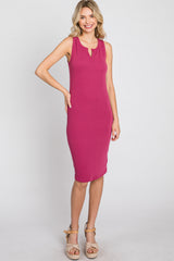 Magenta Ribbed V-Neck Dress