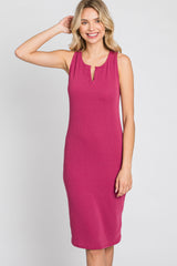 Magenta Ribbed V-Neck Dress