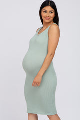 Light Olive Ribbed Fitted Crisscross Back Maternity Dress