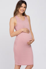 Mauve Ribbed Fitted Crisscross Back Maternity Dress