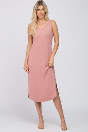 Mauve Heathered Sleeveless Pocket Front Midi Dress