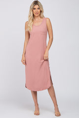 Mauve Heathered Sleeveless Pocket Front Maternity Midi Dress