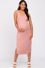 Mauve Heathered Sleeveless Pocket Front Maternity Midi Dress