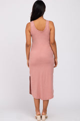 Mauve Heathered Sleeveless Pocket Front Maternity Midi Dress