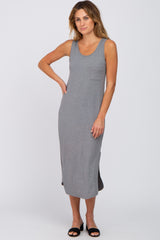 Heather Grey Heathered Sleeveless Pocket Front Midi Dress