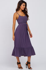 Purple Waist Tie Ruffle Hem Midi Dress