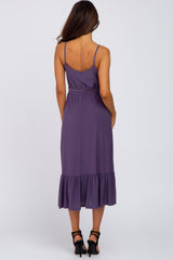 Purple Waist Tie Ruffle Hem Midi Dress