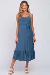 Blue Waist Tie Ruffle Hem Maternity Midi Dress