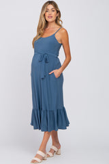 Blue Waist Tie Ruffle Hem Maternity Midi Dress