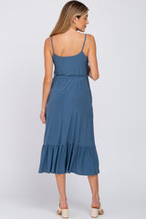 Blue Waist Tie Ruffle Hem Maternity Midi Dress