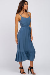 Blue Waist Tie Ruffle Hem Midi Dress