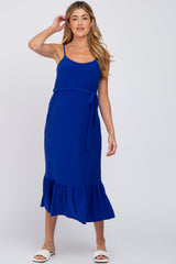 Royal Blue Waist Tie Ruffle Hem Maternity Midi Dress