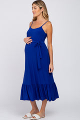 Royal Blue Waist Tie Ruffle Hem Maternity Midi Dress