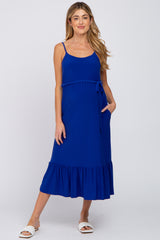 Royal Blue Waist Tie Ruffle Hem Maternity Midi Dress