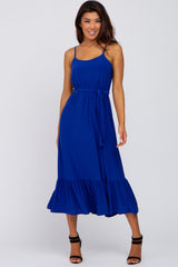 Royal Blue Waist Tie Ruffle Hem Maternity Midi Dress