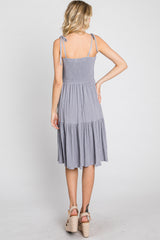 Grey Smocked Shoulder Tie Dress