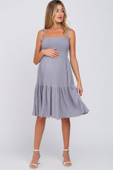 Grey Smocked Shoulder Tie Maternity Dress