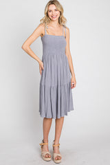 Grey Smocked Shoulder Tie Dress