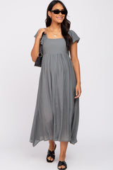 Charcoal Square Neck Ruffle Sleeve Maternity Midi Dress