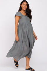 Charcoal Square Neck Ruffle Sleeve Maternity Midi Dress