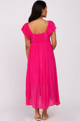 Fuchsia Square Neck Ruffle Sleeve Maternity Midi Dress