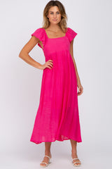 Fuchsia Square Neck Ruffle Sleeve Midi Dress