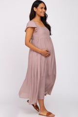 Mauve Square Neck Ruffle Sleeve Maternity Midi Dress