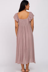 Mauve Square Neck Ruffle Sleeve Maternity Midi Dress