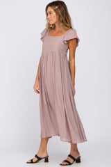 Mauve Square Neck Ruffle Sleeve Midi Dress