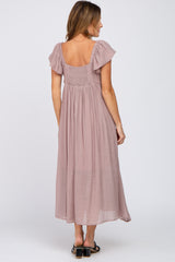 Mauve Square Neck Ruffle Sleeve Midi Dress