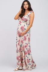 Cream Floral Ruffle Maternity Maxi Dress