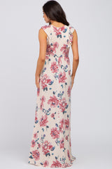 Cream Floral Ruffle Maternity Maxi Dress