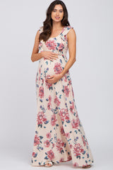 Cream Floral Ruffle Maternity Maxi Dress