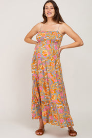 Orange Multi-Color Floral Sleeveless Maternity Maxi Dress