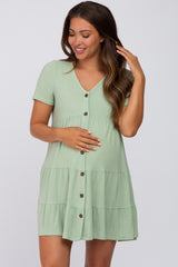 Light Olive Button Down Tiered Maternity Mini Dress