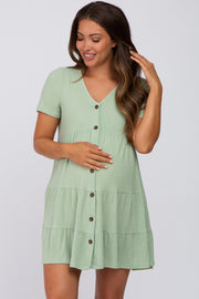 Light Olive Button Down Tiered Maternity Mini Dress