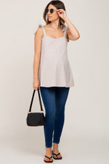 Beige Knotted Strap Ribbed Maternity Top