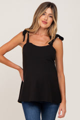 Black Knotted Strap Ribbed Maternity Top