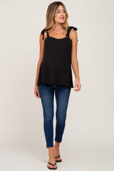 Black Knotted Strap Ribbed Maternity Top