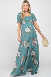 Teal Floral Chiffon Smocked Maternity Maxi Dress