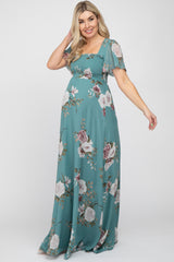 Teal Floral Chiffon Smocked Maternity Maxi Dress