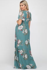 Teal Floral Chiffon Smocked Maternity Maxi Dress