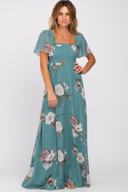 Teal Floral Chiffon Smocked Maxi Dress