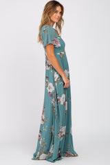 Teal Floral Chiffon Smocked Maxi Dress