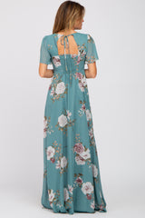 Teal Floral Chiffon Smocked Maxi Dress