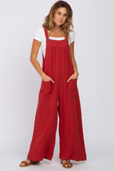 Rust Gauze Wide Leg Button Front Overalls