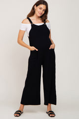 Black Gauze Wide Leg Button Front Maternity Overalls